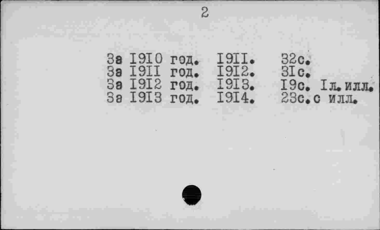 ﻿2
За 1910 год.
За I9II год. За 1912 год. За 1913 год.
І9П.
1912.
1913.
1914.
32с.
31 с.
19С. ІЛ.ИЛЛ.
23с. с илл.